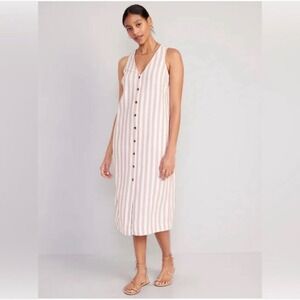 Old Navy Tan White Striped Linen Blend Button Front Lace Back Midi Dress XL
